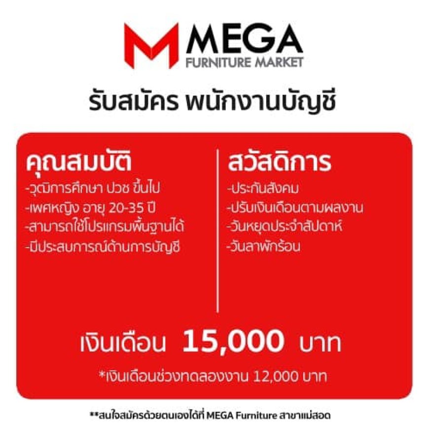 Mega Furniture สาขาแม่สอด เปิดรับสมัครพนักงานบัญชี