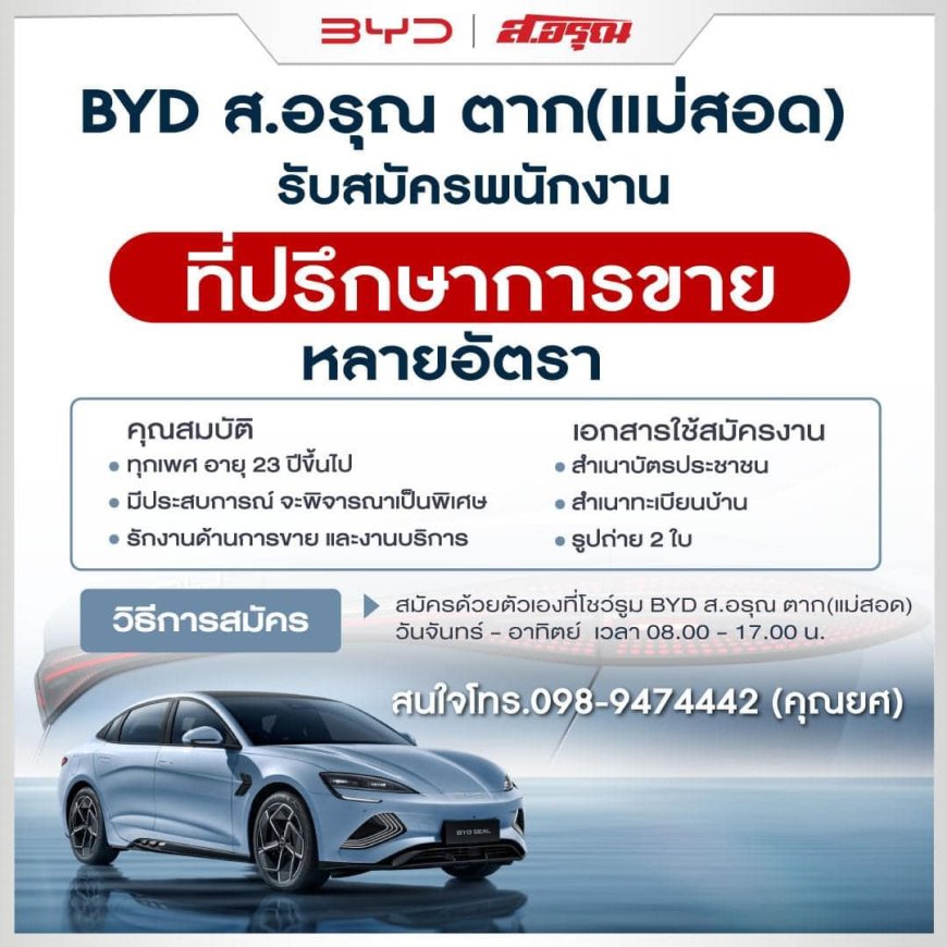 BYD ส.อรุณ ตาก(แม่สอด) รับสมัครพนักงาน หลายอัตรา