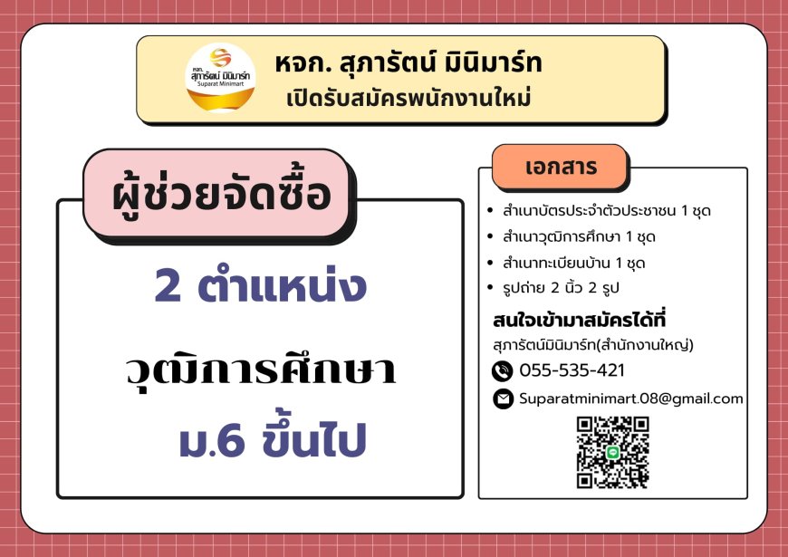 หจก.สุภารัตน์ มินิมาร์ท รับสมัครพนักงานใหม่