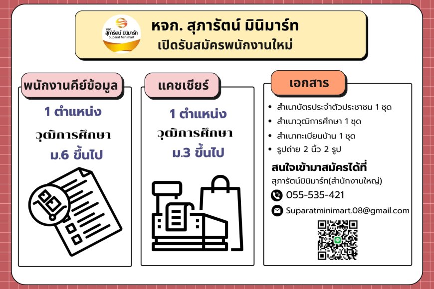 สุภารัตน์มินิมาร์ท เปิดรับสมัครพนักงาน 2 ตำแหน่ง